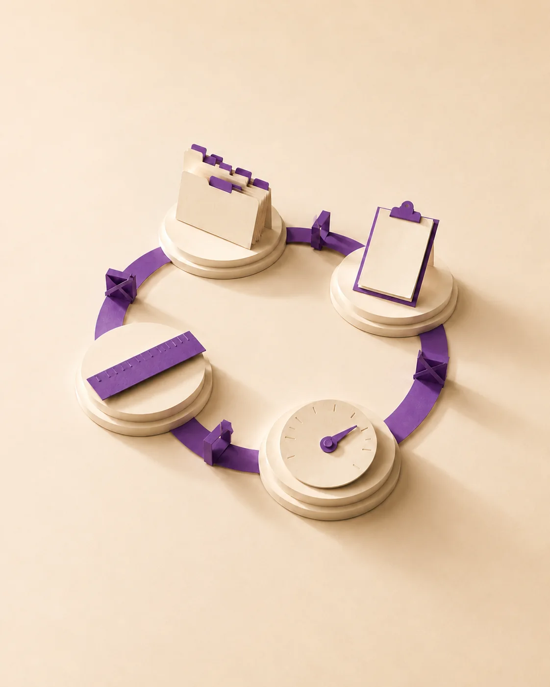 Maquete de papel com quatro estacoes do ciclo de produto conectadas por um percurso violeta.
