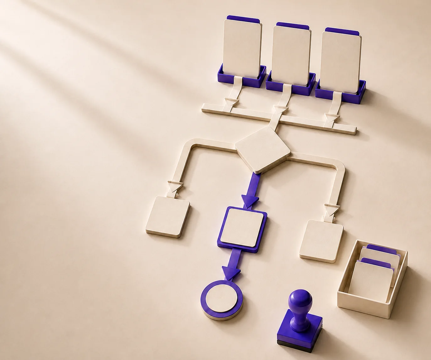 Maquete de papel com evidencias, caminhos de decisao, alternativas preservadas e um ponto recorrente de revisao.