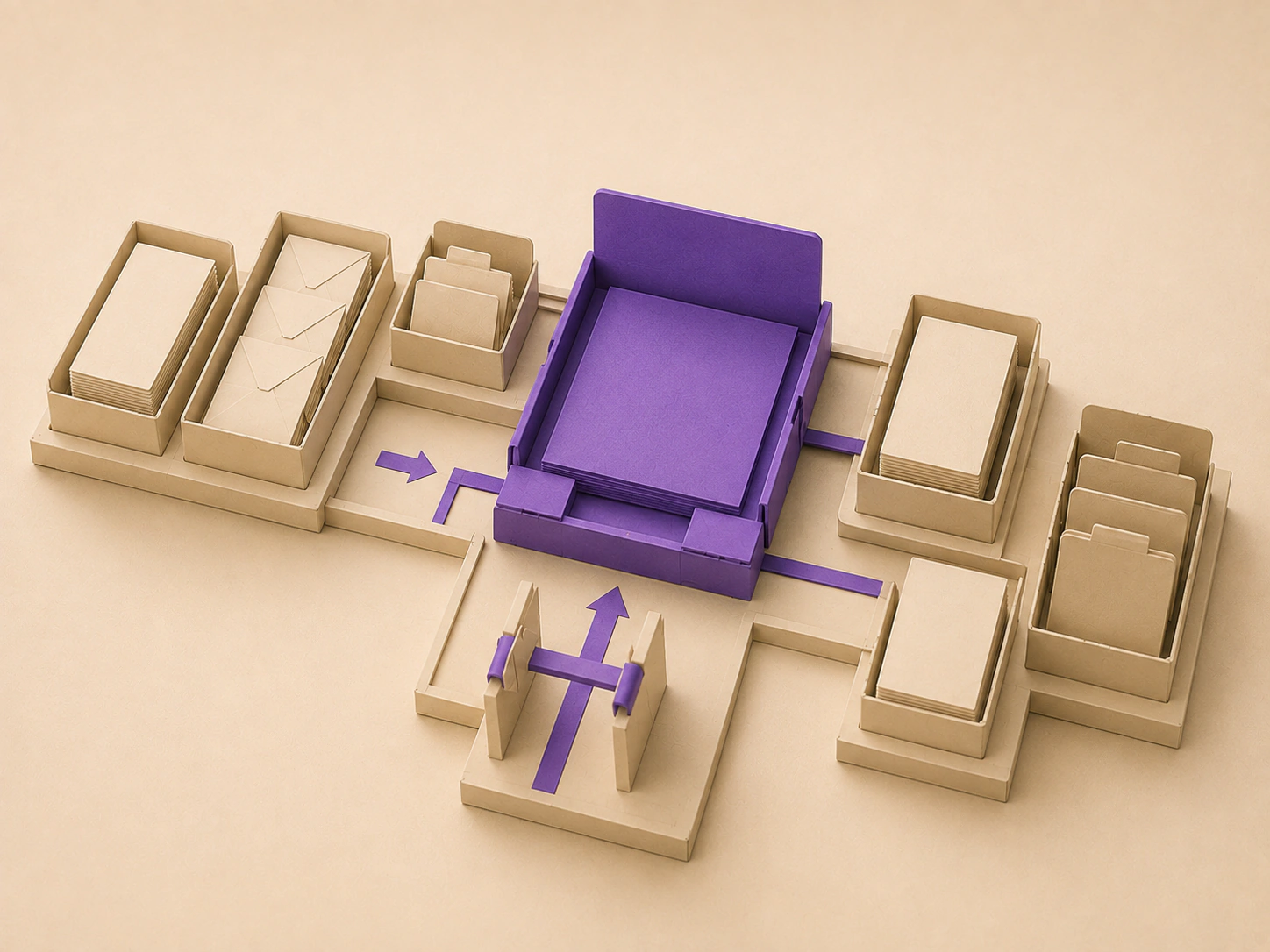 Maquete compacta de papel com uma estação violeta instalada no centro de um fluxo contínuo de arquivos, bandejas e aprovação.