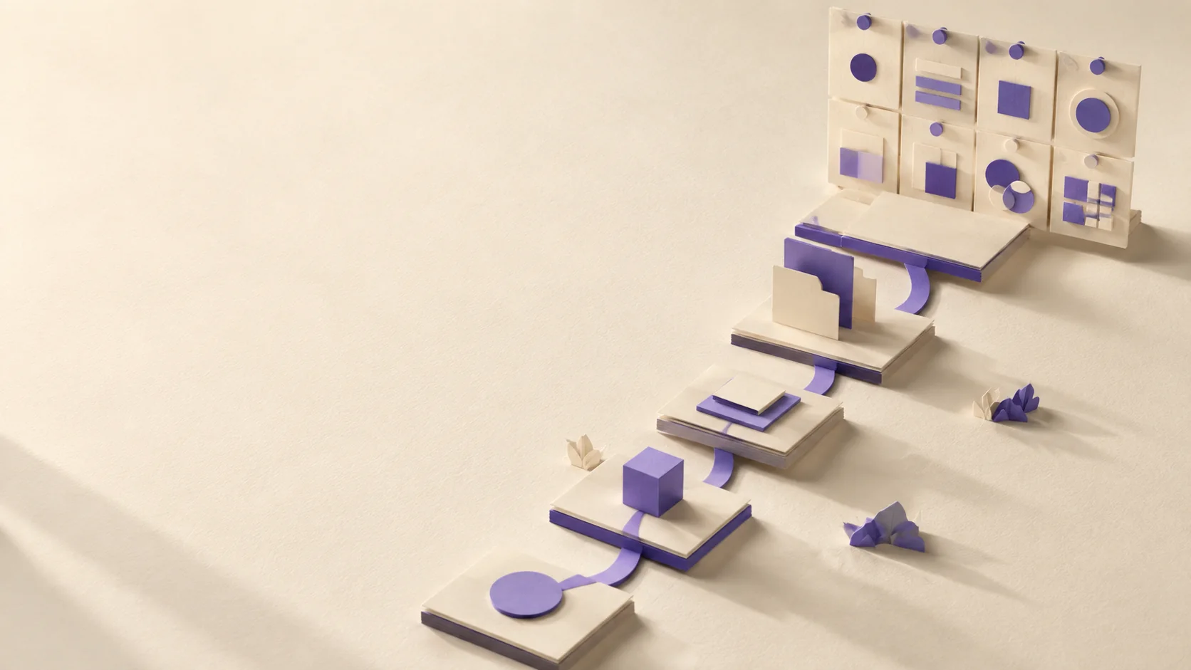 Maquete de papel com cinco degraus ligados por uma trilha violeta e um mural modular no destino.